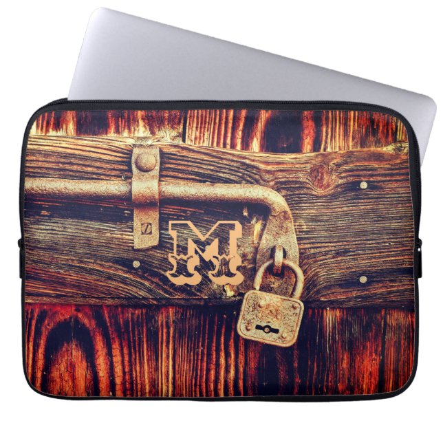Rustic wood grain antique brass lock brown laptop sleeve (Front)