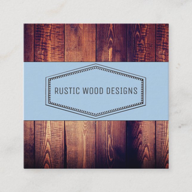 Rustic Wood Grain Blue Grey Monogram Square Business Card (Front)