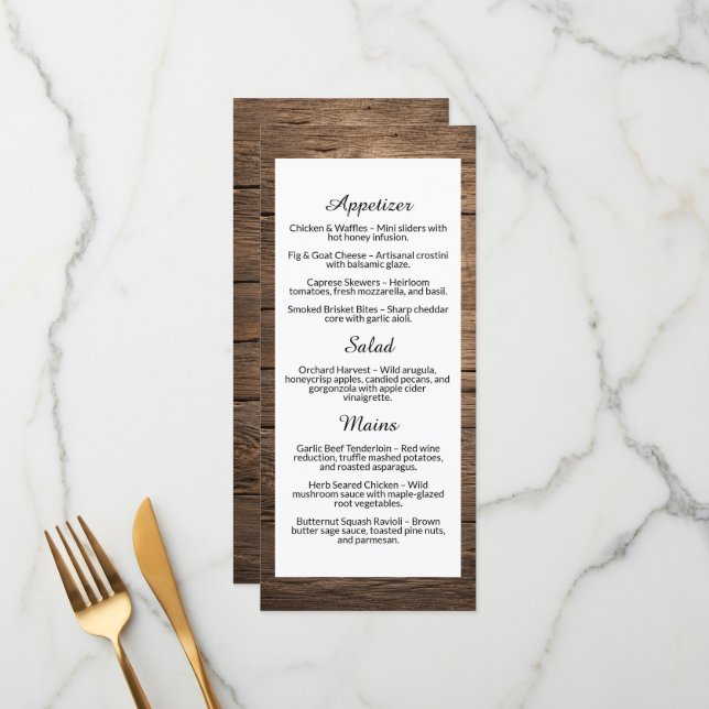 Rustic Wood Grain Country Wedding Dinner Menu (Front/Back In Situ)
