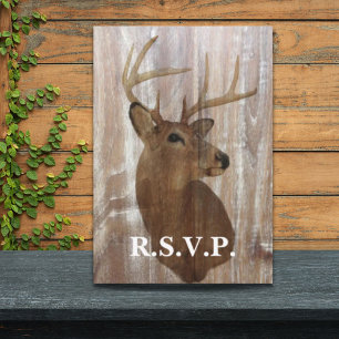 rustic wood grain deer hunt is over wedding RSVP Card
