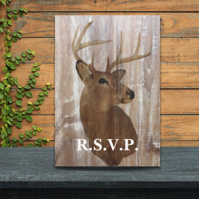 rustic wood grain deer hunt is over wedding RSVP Card (rustic wood grain deer hunt is over wedding RSVP)