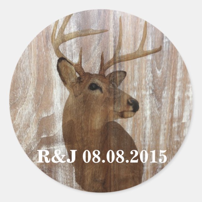 rustic wood grain deer the hunt is over wedding classic round sticker (Front)