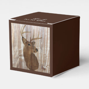 rustic wood grain deer the hunt is over wedding favour box