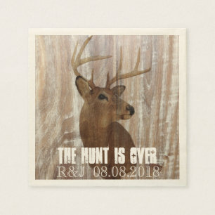 rustic wood grain deer the hunt is over wedding napkin