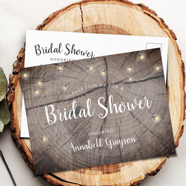 Rustic Wood Grain Fireflies Bridal Shower Invitation Postcard (Creator Uploaded)