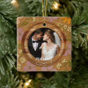 Rustic Wood Grain Floral  First Christmas married Ceramic Ornament