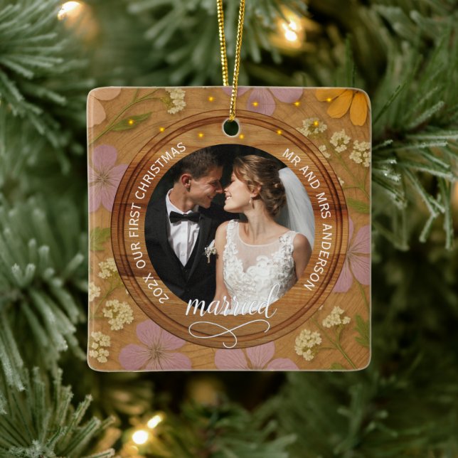 Rustic Wood Grain Floral  First Christmas married Ceramic Ornament (Tree)