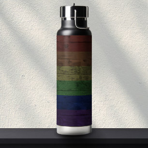 Rustic Wood Grain Gay Pride Rainbow Flag Water Bottle