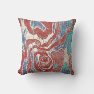 Rustic Wood Grain Knot Texture in Red Blue White Cushion