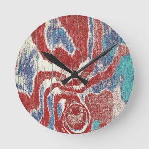 Rustic Wood Grain Knot Texture in Red Blue White Round Clock