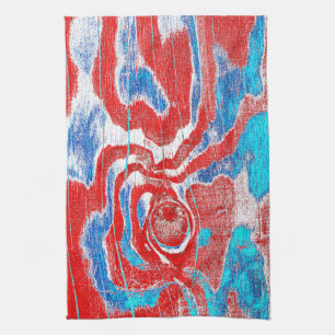 Rustic Wood Grain Knot Texture in Red Blue White Tea Towel