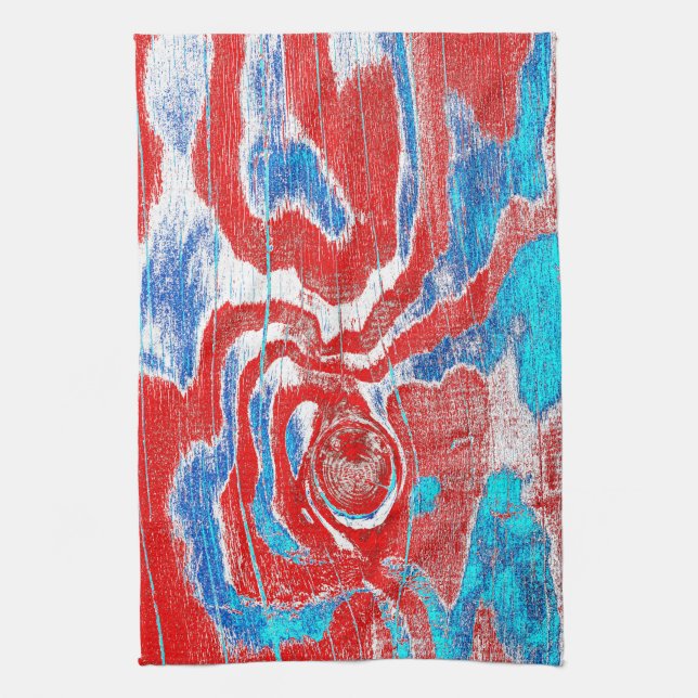 Rustic Wood Grain Knot Texture in Red Blue White Tea Towel (Vertical)