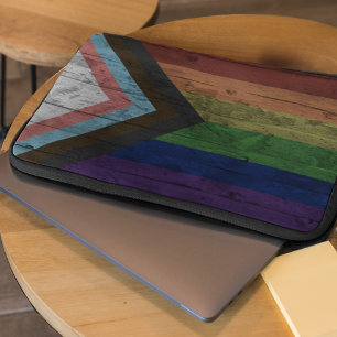 Rustic Wood Grain Progress Pride Flag Rainbow Laptop Sleeve