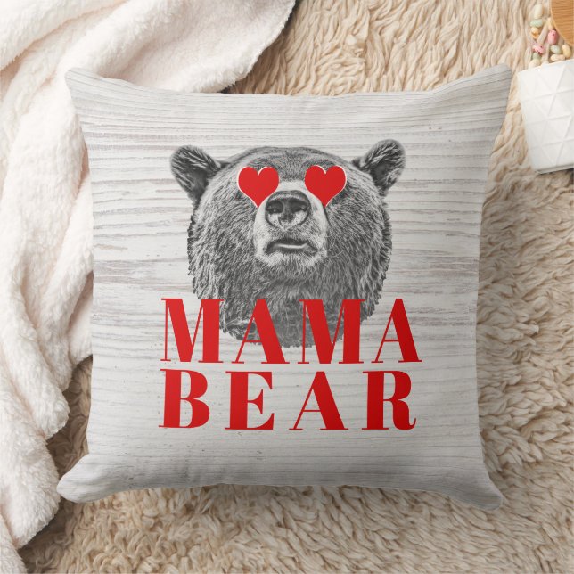 Rustic Wood Grain Red Hearts Mama Bear Cushion (Blanket)