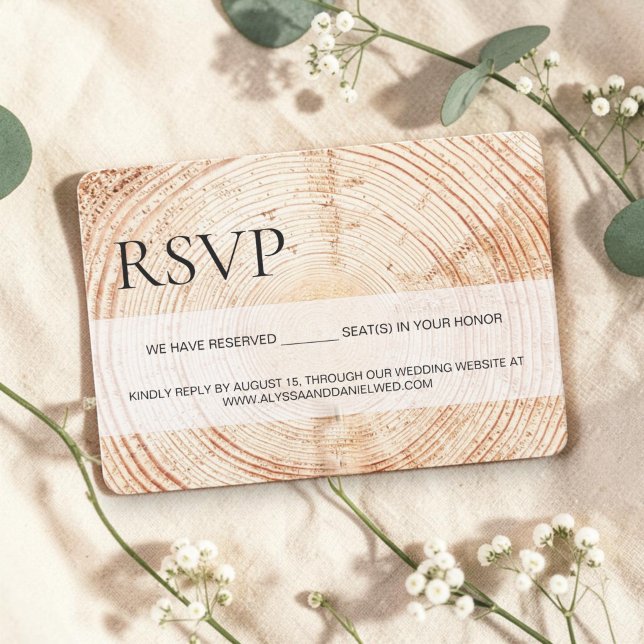 Rustic Wood Grain RSVP reserved Seating Card (Custom RSVP wedding website with reserved seating line of text. Wood cut slice background..)
