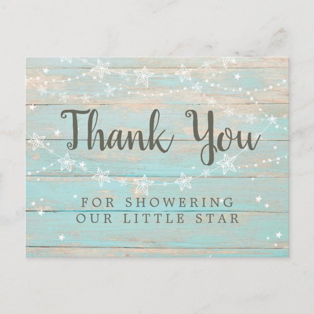 Rustic Wood Grain String Stars Thank You Postcard (Front)