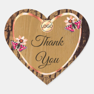 Rustic Wood Grain Tree Bark Cute Thank You Logo Heart Sticker