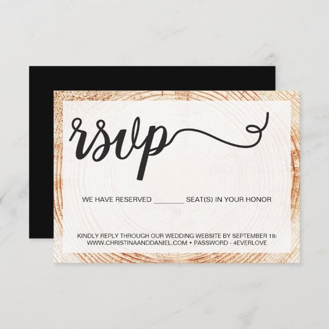 Rustic wood grain tree ring wedding reserved seats RSVP card (Front/Back)