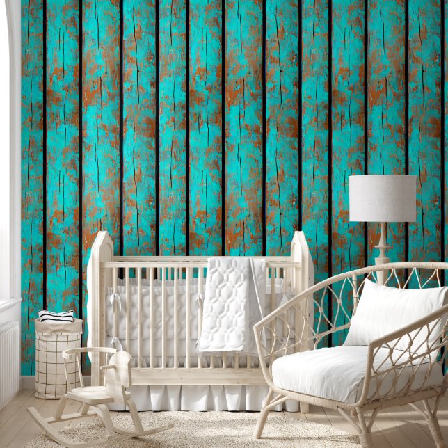 Rustic wood grain turquoise brown country planks  wallpaper (Kids)