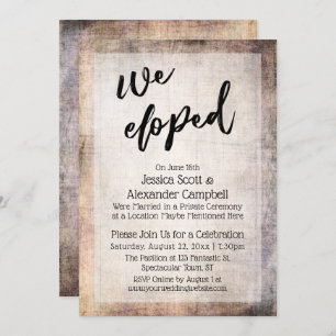 Rustic Wood Grain We Eloped Typography Reception Invitation