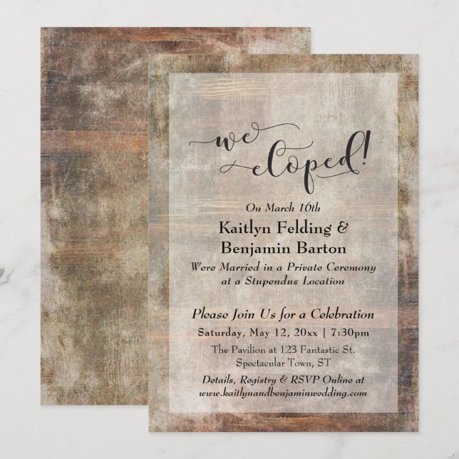 Rustic Wood Grain We Eloped Typography, Reception Invitation (Front/Back)