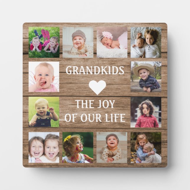 Rustic Wood Grandkids Quote 12 Photo Collage Plaque (Front)