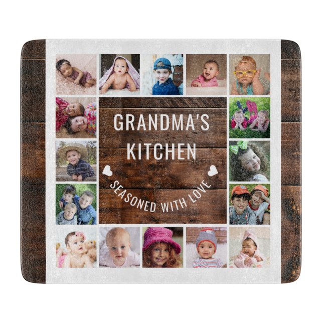 Rustic Wood Grandma’s Kitchen 16 Photo Collage   Cutting Board (Front)