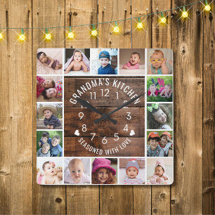 Rustic Wood Grandma's Kitchen 16 Photo Collage Square Wall Clock