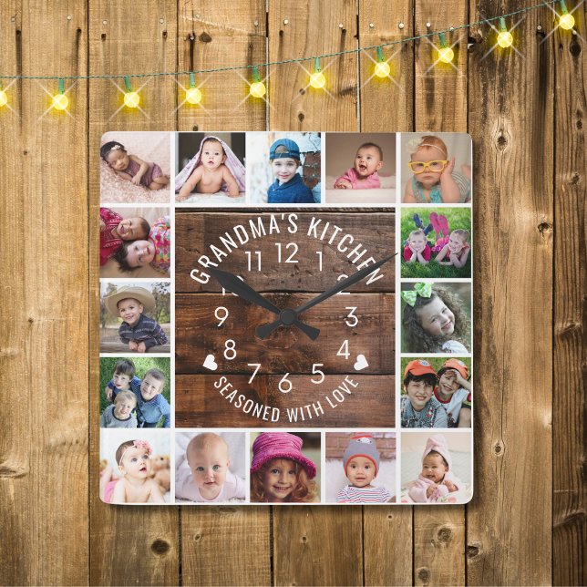 Rustic Wood Grandma's Kitchen 16 Photo Collage  Square Wall Clock (Rustic Wood Grandma's Kitchen 16 Photo Collage Square Wall Clock)