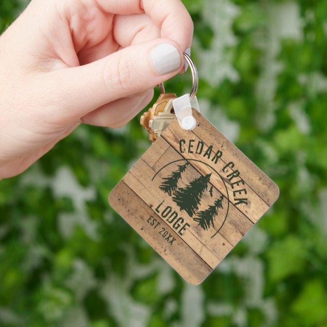 Rustic Wood Green Forest Trees Cabin Rental Key Ring (Hand)