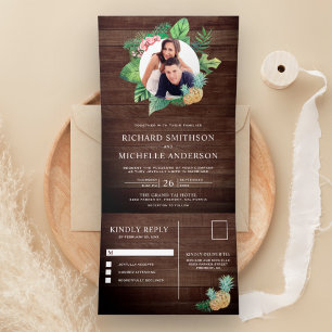 Rustic Wood Green Palm Leaves Wreath Photo Wedding Tri-Fold Invitation