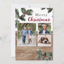 Rustic wood greenery Christmas holiday photo card