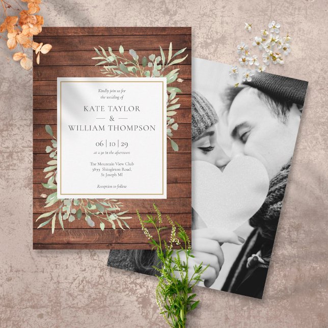 Rustic Wood Greenery Country Wedding Photo Invitation (Creator Uploaded)