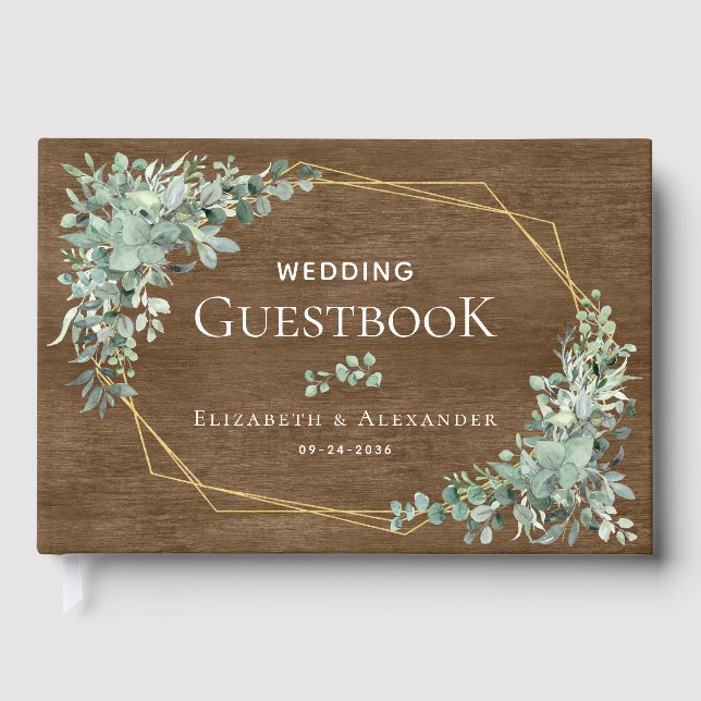 Rustic Wood Greenery Elegant Eucalyptus Wedding Guest Book (Front)