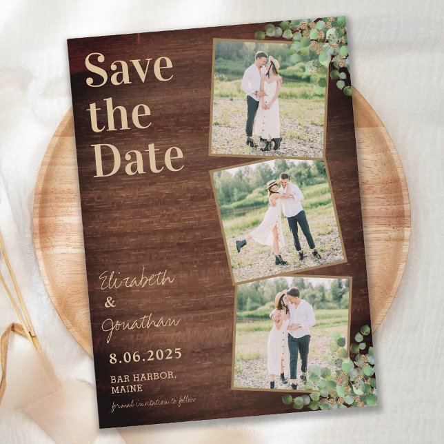 Rustic Wood Greenery Eucalyptus Photo Collage  Save The Date (Creator Uploaded)
