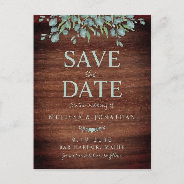 Rustic Wood Greenery Eucalyptus Save The Date Announcement Postcard (Front)