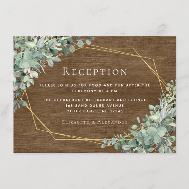 Rustic Wood Greenery Eucalyptus Wedding Reception Enclosure Card (Front)
