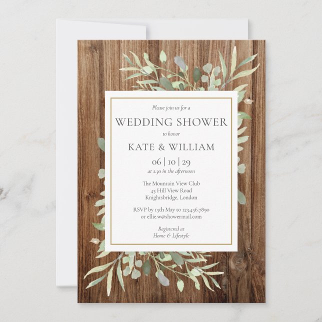Rustic Wood Greenery Floral Wedding Shower Invitation (Front)