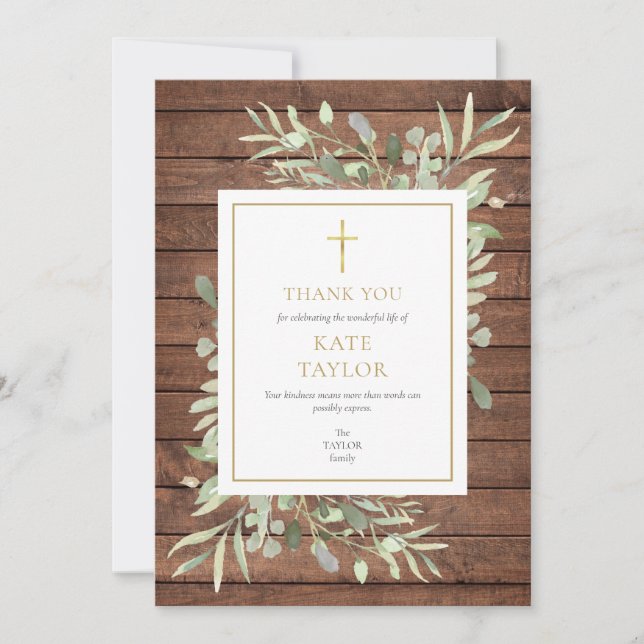 Rustic Wood Greenery Funeral Memorial Gold Cross Thank You Card (Front)