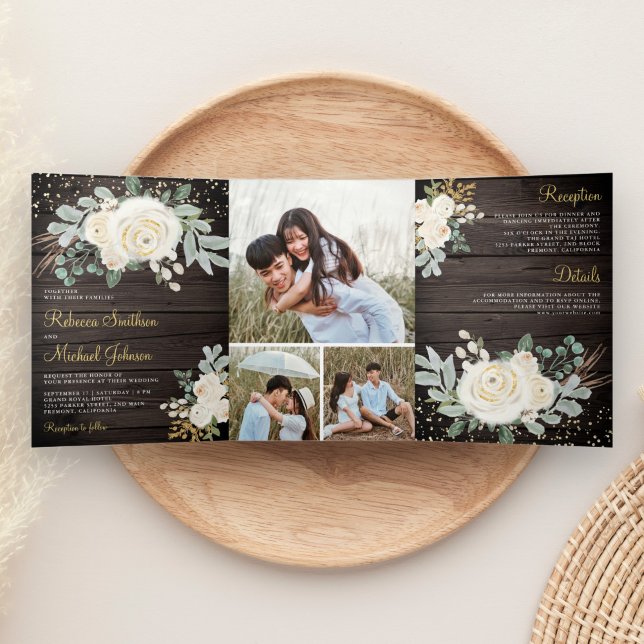 Rustic Wood Greenery Gold Ivory Floral Wedding Tri-Fold Invitation (Creator Uploaded)
