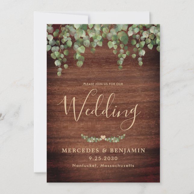 Rustic Wood Greenery Gold QR Code Wedding Invitation (Front)