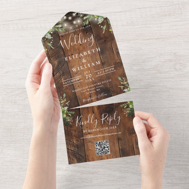 Rustic Wood Greenery Lights QR Code Wedding All In One Invitation (Tearaway)