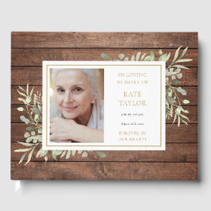 Rustic Wood Greenery Loving Memory Photo Funeral Guest Book