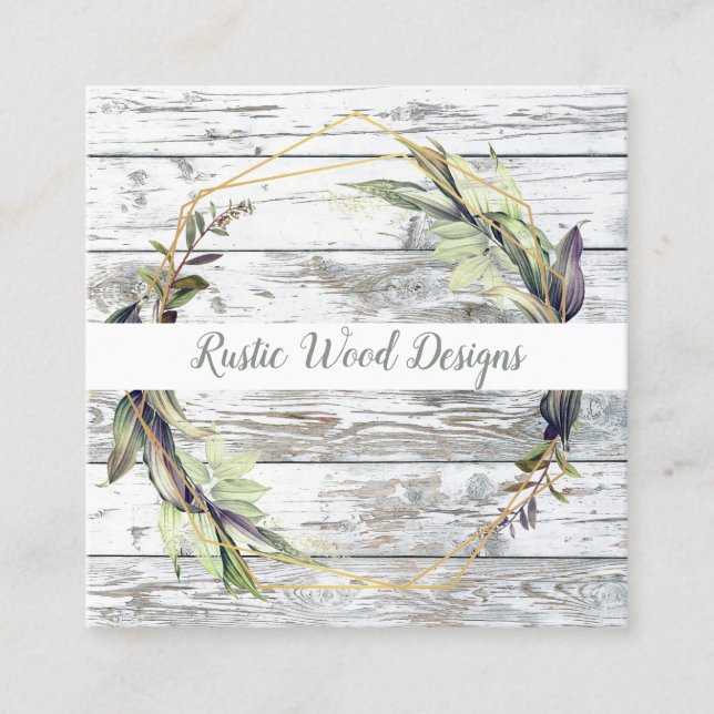 Rustic Wood Greenery Square Business Card (Front)