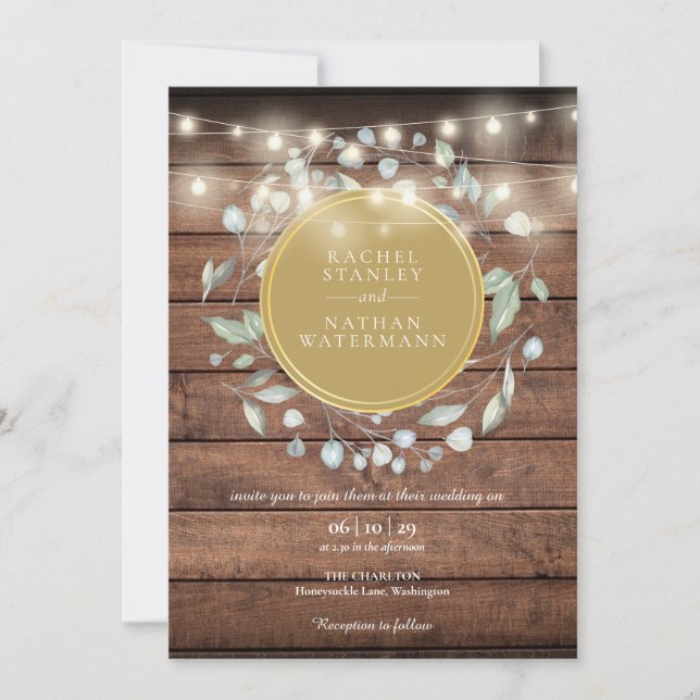Rustic Wood Greenery String Lights Wedding Invitation (Front)