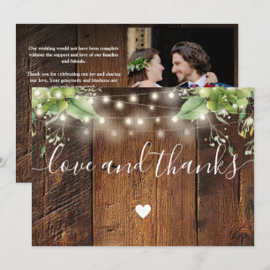 Rustic Wood Greenery String Lights Wedding Photo Thank You Card