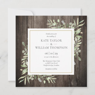 Rustic Wood Greenery Watercolor Leaves Wedding Invitation