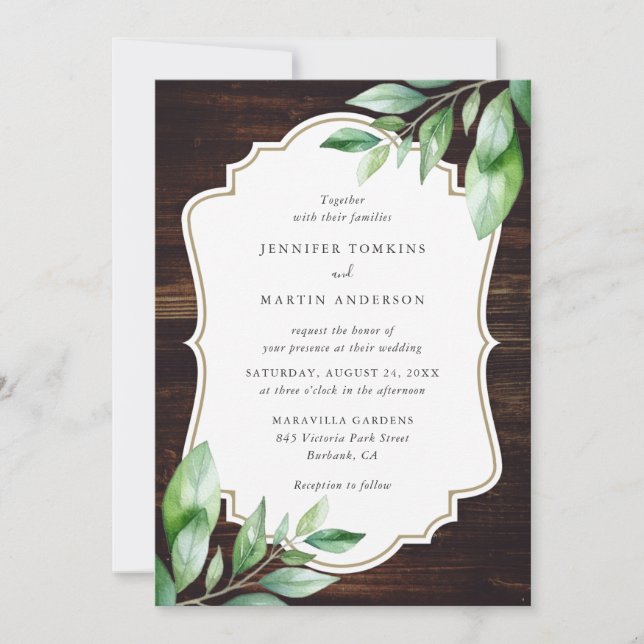 Rustic Wood Greenery Wedding Invitation (Front)