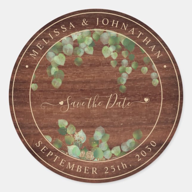  Rustic Wood Greenery Wedding Save The Date Classic Round Sticker (Front)