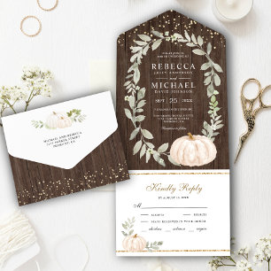 Rustic Wood Greenery White Pumpkin Fall Wedding All In One Invitation